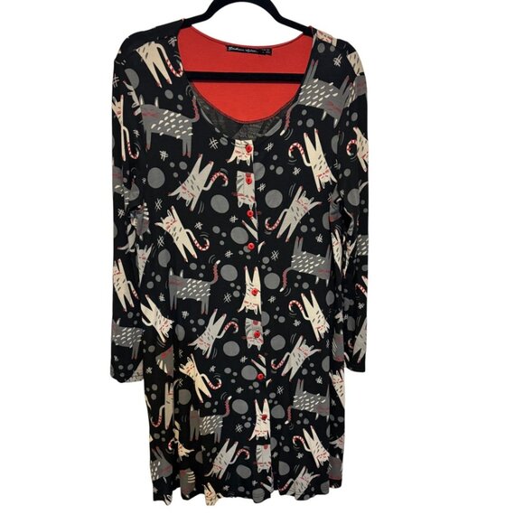 Gudrun Sjoden Black Red Cat Print Button Front Long Sleeve Tunic Top - Picture 2 of 10